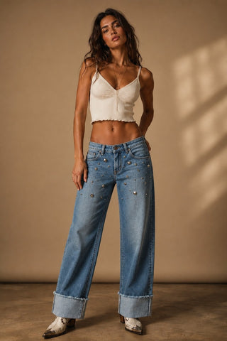 Gemma low rise studded jeans medium blue scattered silver studs wide leg cuffed