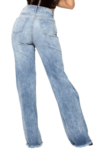 Stevie high rise wide leg jeans close detail, stone wash denim white grey marbling texture