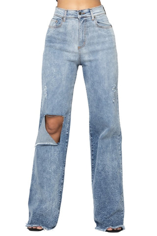 Stevie high rise wide leg jeans three quarter view, 70s retro silhouette stone wash