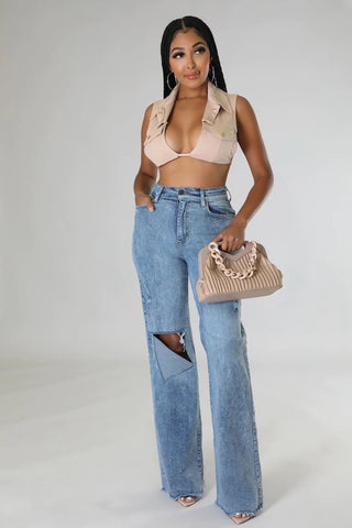 Stevie high rise wide leg jeans stone wash handcrafted LA GJG Denim frayed hem