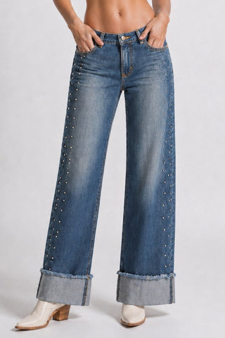 Back view studded wide leg jeans medium blue GJG Denim cuffed hem