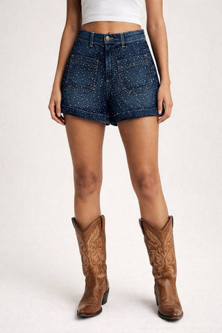 Jolene rhinestone denim shorts allover rhinestone dark wash mini relaxed fit LA