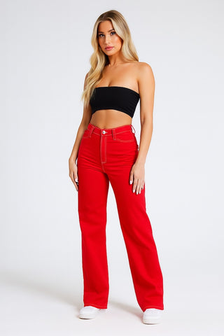 Dollie cherry red wide leg jeans garment dyed LA GJG Denim full length model