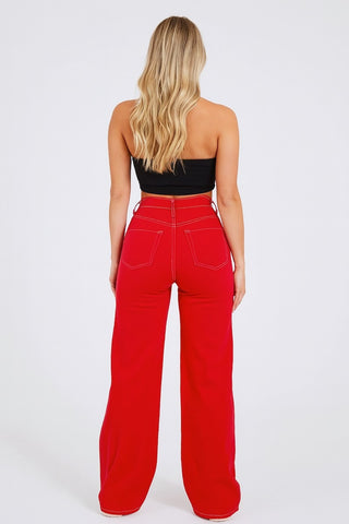 Side profile red wide leg jeans cherry red garment dye GJG Denim LA wide leg