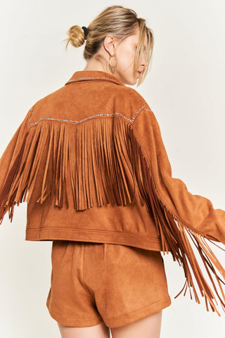 Camel Suede Studded Fringe Jacket from Faux Suede Jacket collection you can buy now from Fashion And Icon online shop