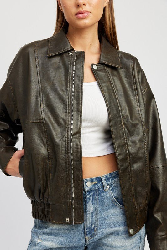 Faux Leather Oversized Bomber Jacket from Jackets collection you can buy now from Fashion And Icon online shop