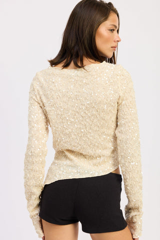 Ivory Asymmetrical Long Sleeve Sequin Top from Long Sleeve Top collection you can buy now from Fashion And Icon online shop