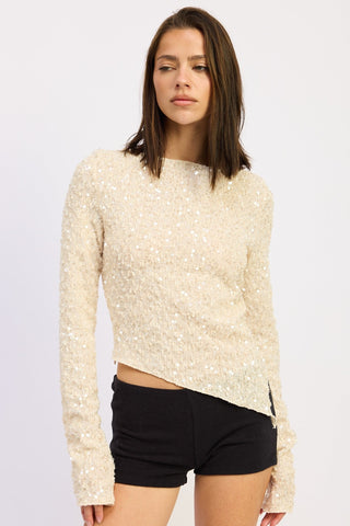 Ivory Asymmetrical Long Sleeve Sequin Top from Long Sleeve Top collection you can buy now from Fashion And Icon online shop