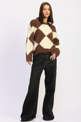 Two Tone Argyle Oversized Long Sleeve Sweater from Crew Neck Sweater collection you can buy now from Fashion And Icon online shop