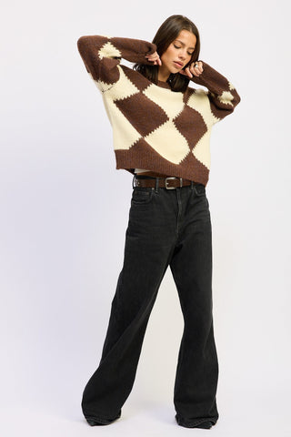Two Tone Argyle Oversized Long Sleeve Sweater from Crew Neck Sweater collection you can buy now from Fashion And Icon online shop
