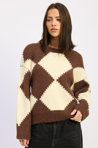 Two Tone Argyle Oversized Long Sleeve Sweater from Crew Neck Sweater collection you can buy now from Fashion And Icon online shop