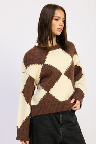 Two Tone Argyle Oversized Long Sleeve Sweater from Crew Neck Sweater collection you can buy now from Fashion And Icon online shop