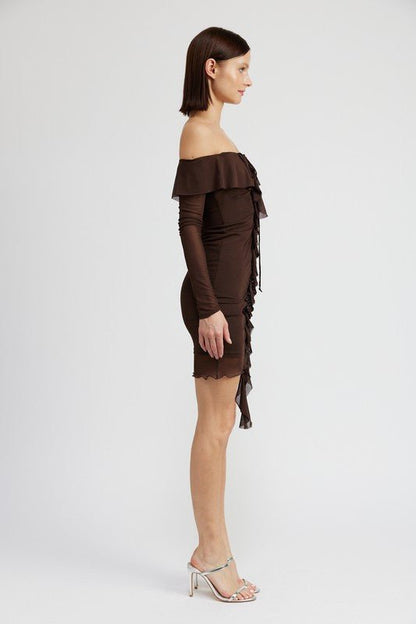 Brown Off Shoulder Ruffle Mini Dress from Mini Dresses collection you can buy now from Fashion And Icon online shop