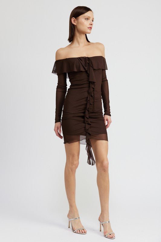 Brown Off Shoulder Ruffle Mini Dress from Mini Dresses collection you can buy now from Fashion And Icon online shop