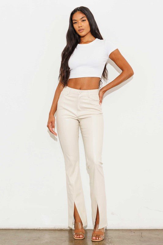 Cream Vegan Leather Flare Pants from Pants collection you can buy now from Fashion And Icon online shop