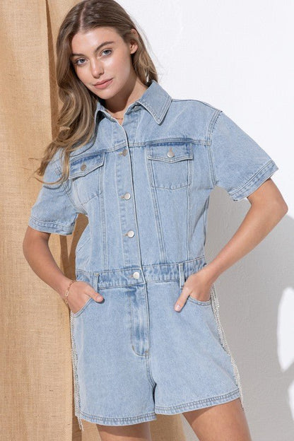 Denim Romper Shorts from Rompers collection you can buy now from Fashion And Icon online shop