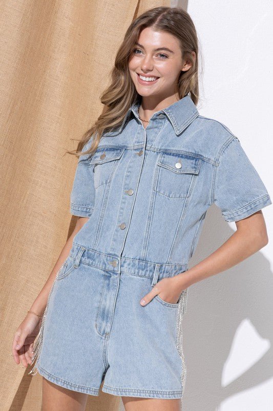 Denim Romper Shorts from Rompers collection you can buy now from Fashion And Icon online shop