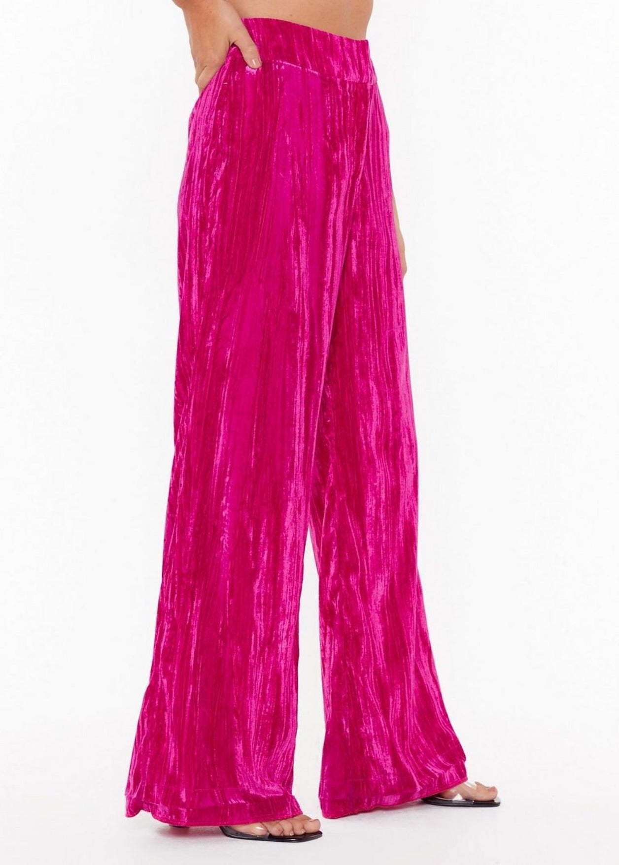 Hot Pink Velvet Wide Leg Pants from Pants collection you can buy now from Fashion And Icon online shop