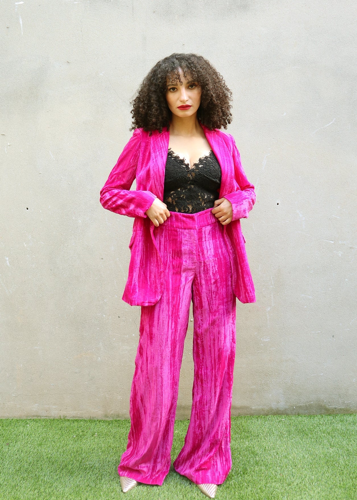Hot Pink Velvet Wide Leg Pants from Pants collection you can buy now from Fashion And Icon online shop