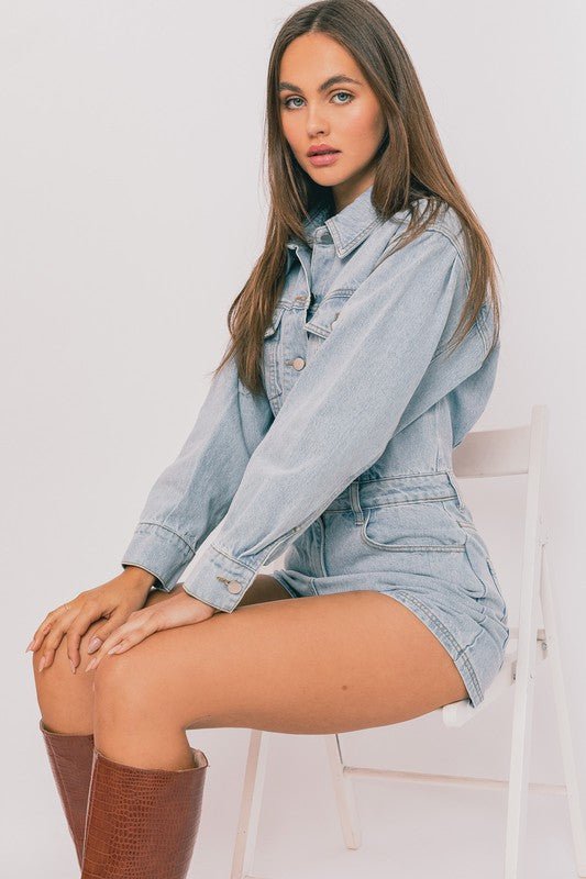 Long Sleeve Denim Romper from Rompers collection you can buy now from Fashion And Icon online shop