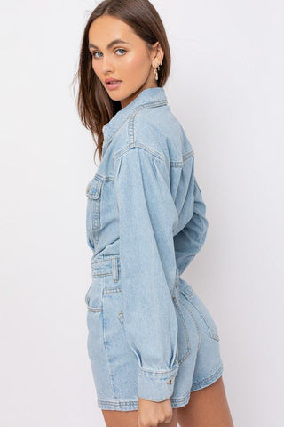 Long Sleeve Denim Romper from Rompers collection you can buy now from Fashion And Icon online shop