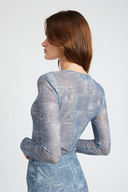 Long Sleeve Printed Mesh Top from Tops collection you can buy now from Fashion And Icon online shop