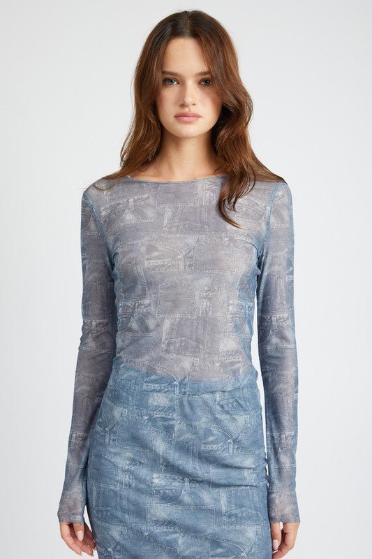 Long Sleeve Printed Mesh Top from Tops collection you can buy now from Fashion And Icon online shop