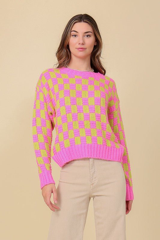 Pink & Lime Checkered Sweater from Sweaters collection you can buy now from Fashion And Icon online shop