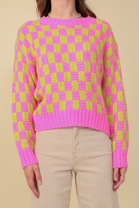 Pink & Lime Checkered Sweater from Sweaters collection you can buy now from Fashion And Icon online shop