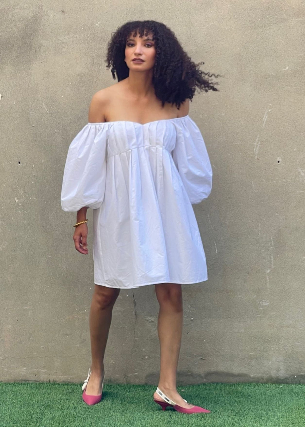 White cotton off-shoulder mini dress with balloon sleeves - full view