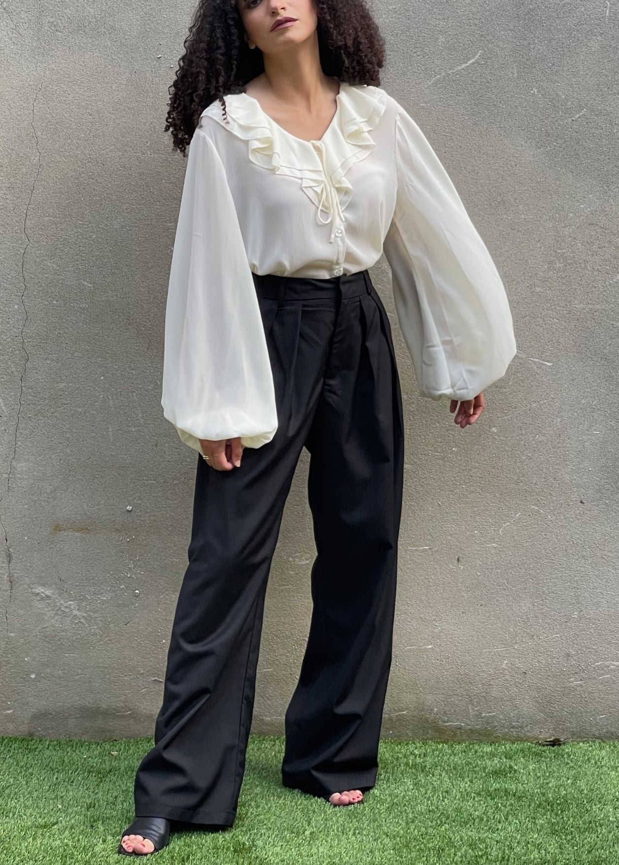 Ruffle Balloon Sleeve Tie Neck Blouse from Blouses collection you can buy now from Fashion And Icon online shop