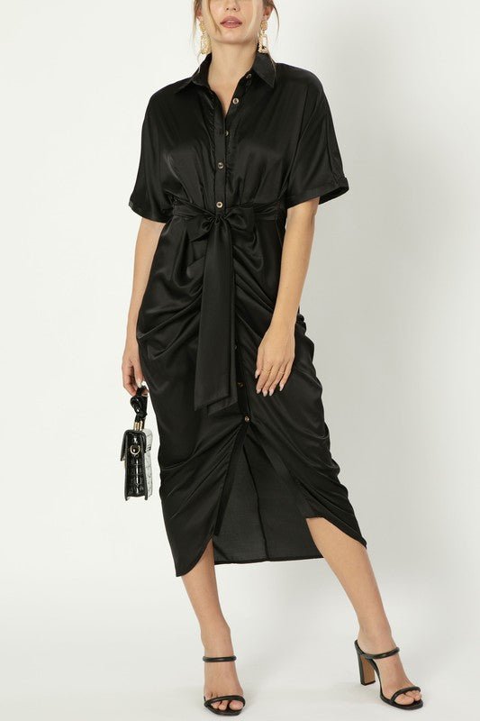 Satin Shirt Dress With Front Knot from Midi Dresses collection you can buy now from Fashion And Icon online shop