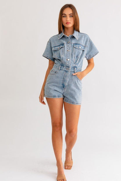 Short Sleeve Denim Romper from Rompers collection you can buy now from Fashion And Icon online shop