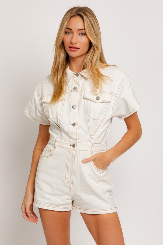 Short Sleeve Denim Romper from Rompers collection you can buy now from Fashion And Icon online shop