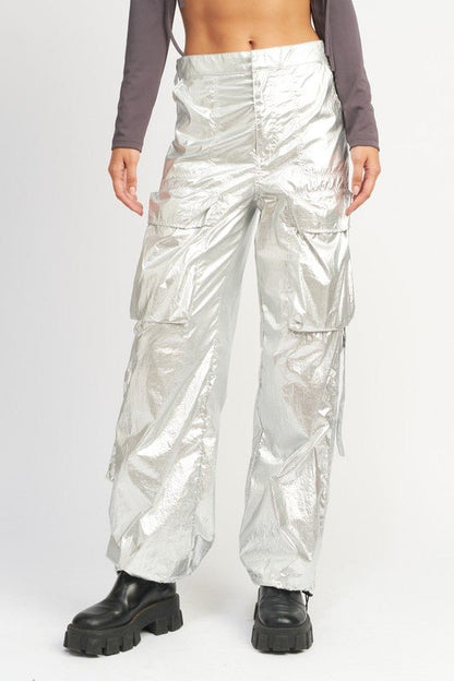 Silver Metallic Cargo Pants from Pants collection you can buy now from Fashion And Icon online shop