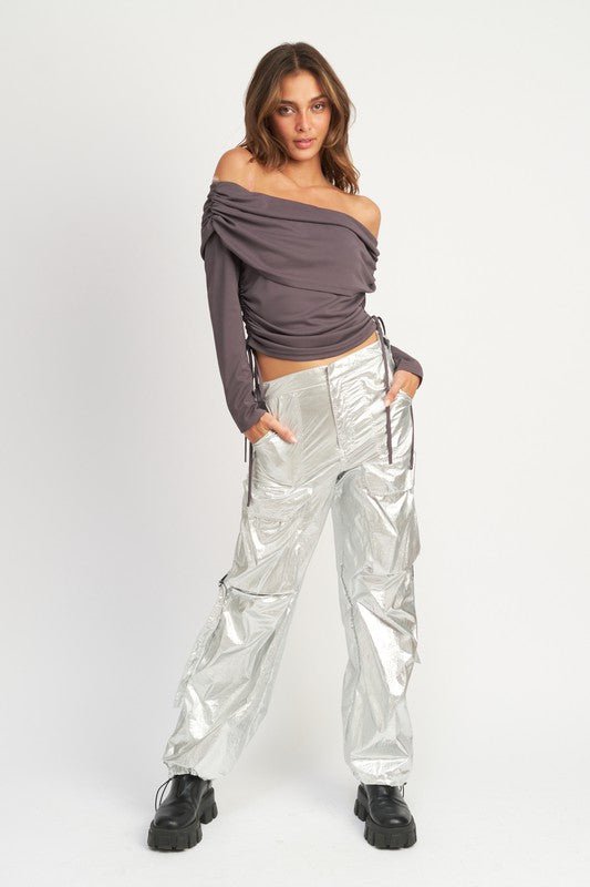 Silver Metallic Cargo Pants from Pants collection you can buy now from Fashion And Icon online shop