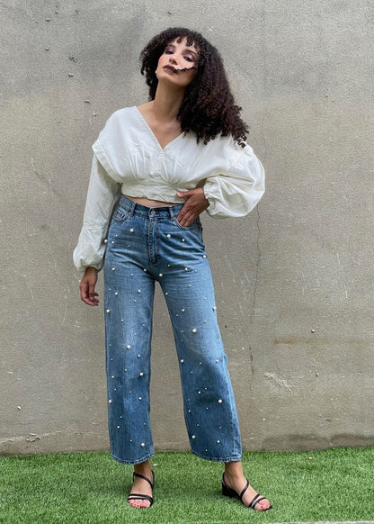 V Neck Puff Sleeve Denim Crop Top from Blouses collection you can buy now from Fashion And Icon online shop