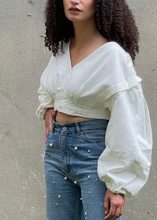 V Neck Puff Sleeve Denim Crop Top from Blouses collection you can buy now from Fashion And Icon online shop